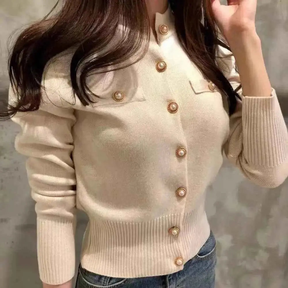 Autumn Women Cardigan with Pearl Buttons in Cream - Long Sleeve Fashion Style - Wear Spot