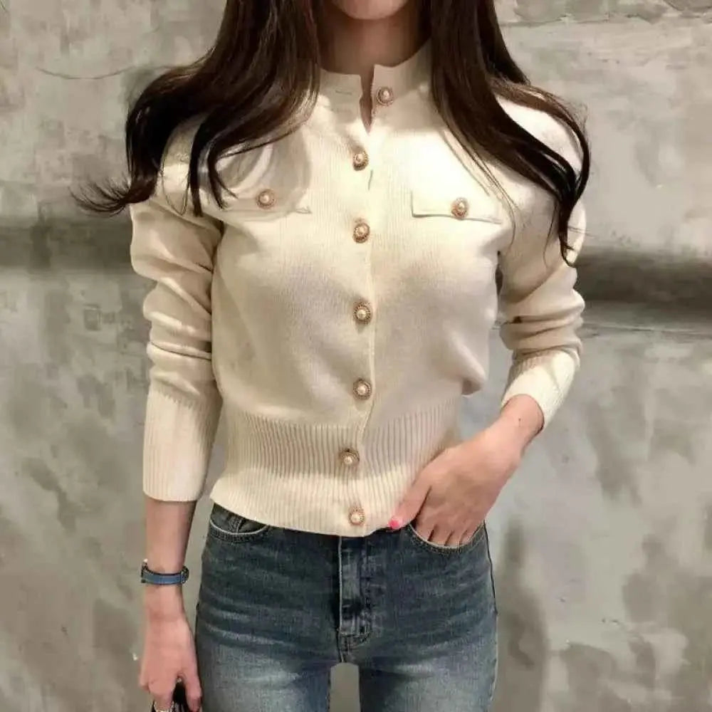 Autumn Women Cardigan with Pearl Buttons in Cream - Long Sleeve Fashion Style - Wear Spot