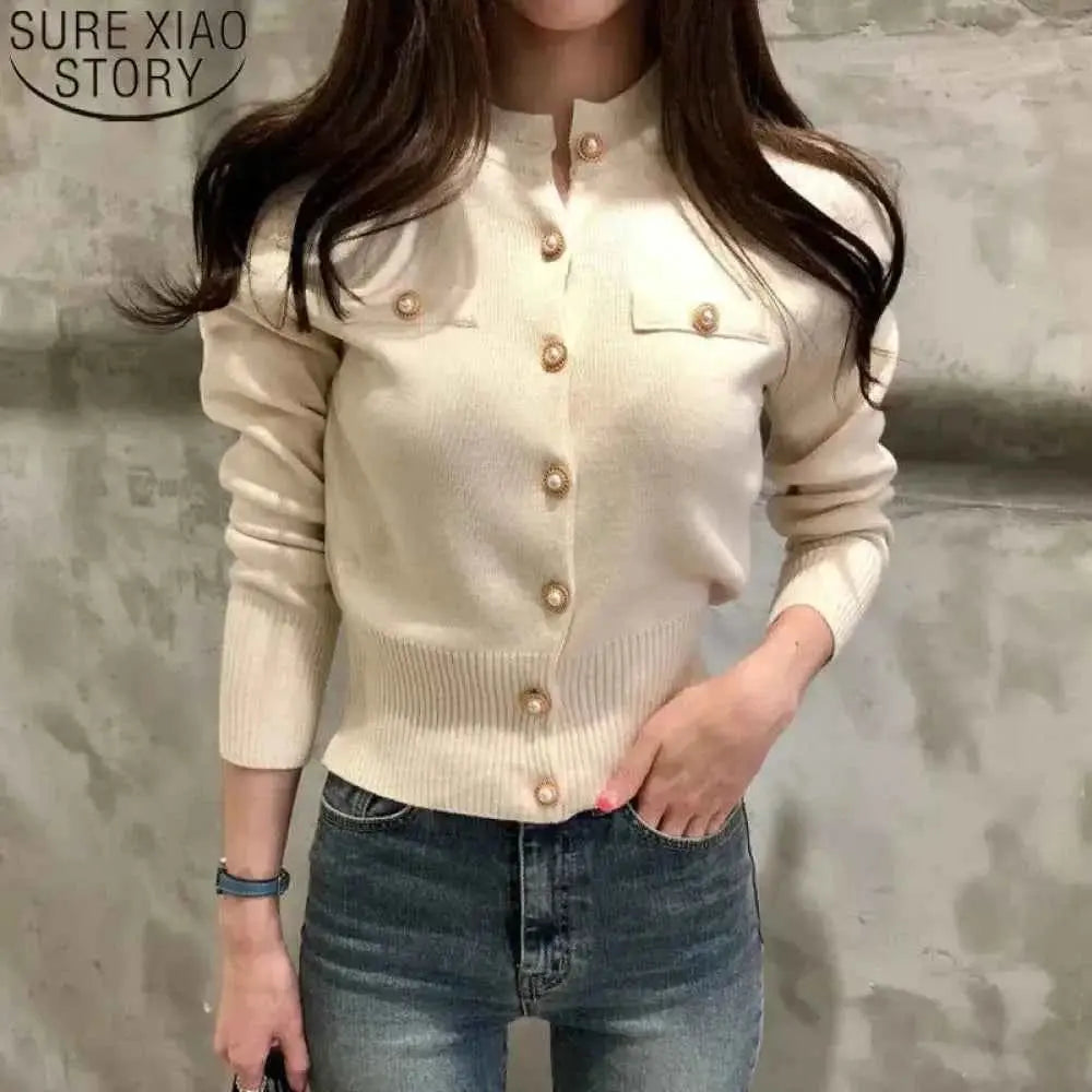 Autumn Women Cardigan with Pearl Buttons in Cream - Long Sleeve Fashion Style - Wear Spot