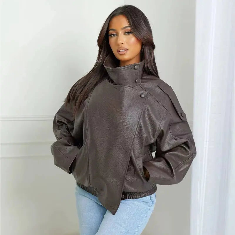 MUJER Faux Leather Bomber Jacket Wear Spot