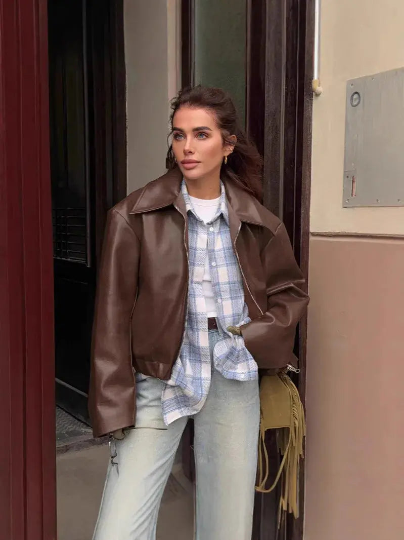 Cropped Faux Leather Jacket Wear Spot