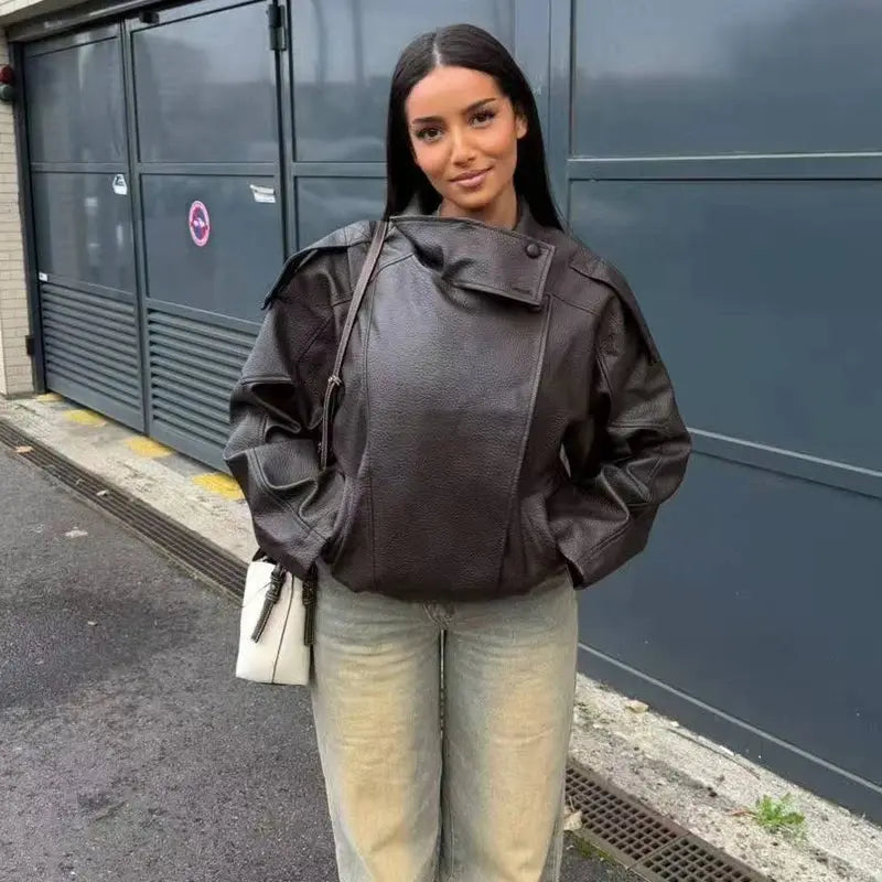 MUJER Faux Leather Bomber Jacket Wear Spot