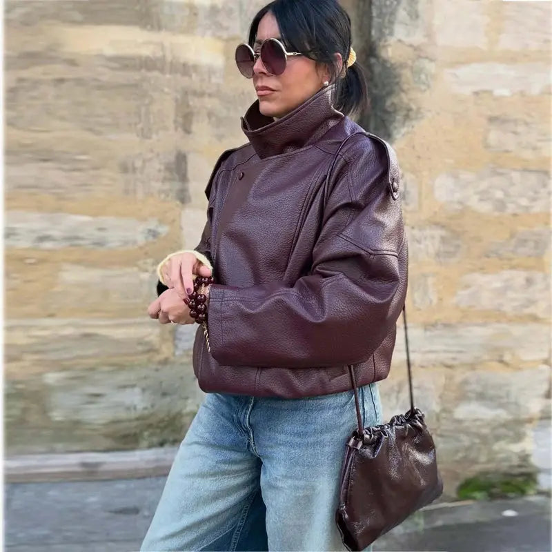 MUJER Faux Leather Bomber Jacket Wear Spot