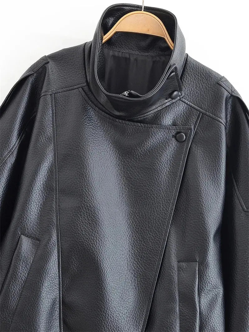 Black Faux Leather Jacket with Long Sleeves in Pebble Finish - Wear Spot