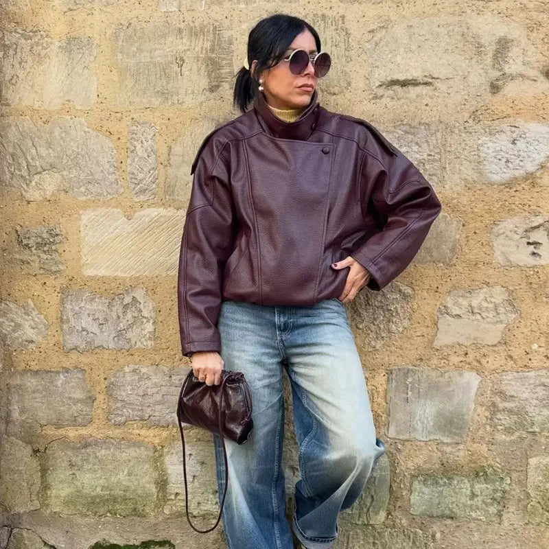 MUJER Faux Leather Bomber Jacket Wear Spot