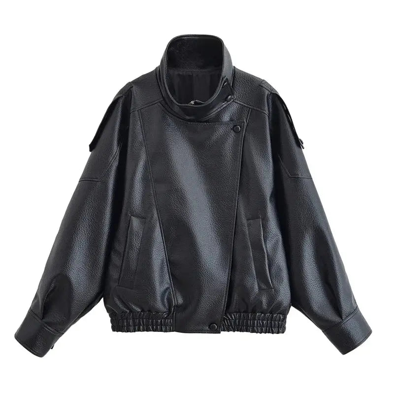 Black Faux Leather Jacket with Long Sleeves in Pebble Finish - Wear Spot