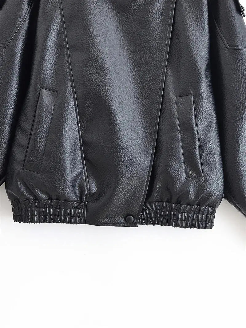Black Faux Leather Jacket with Long Sleeves in Pebble Finish - Wear Spot
