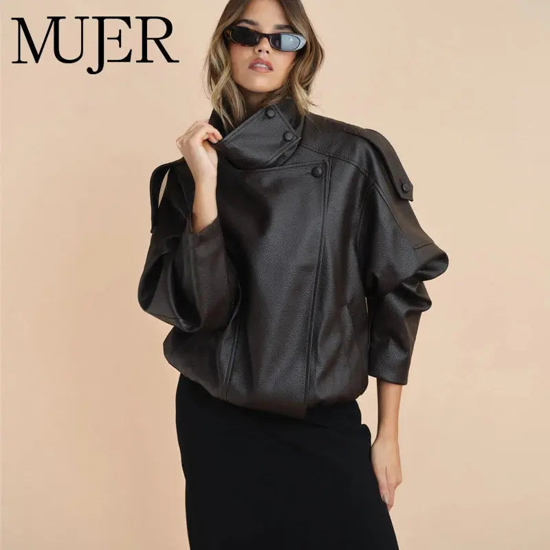 MUJER Faux Leather Bomber Jacket Wear Spot