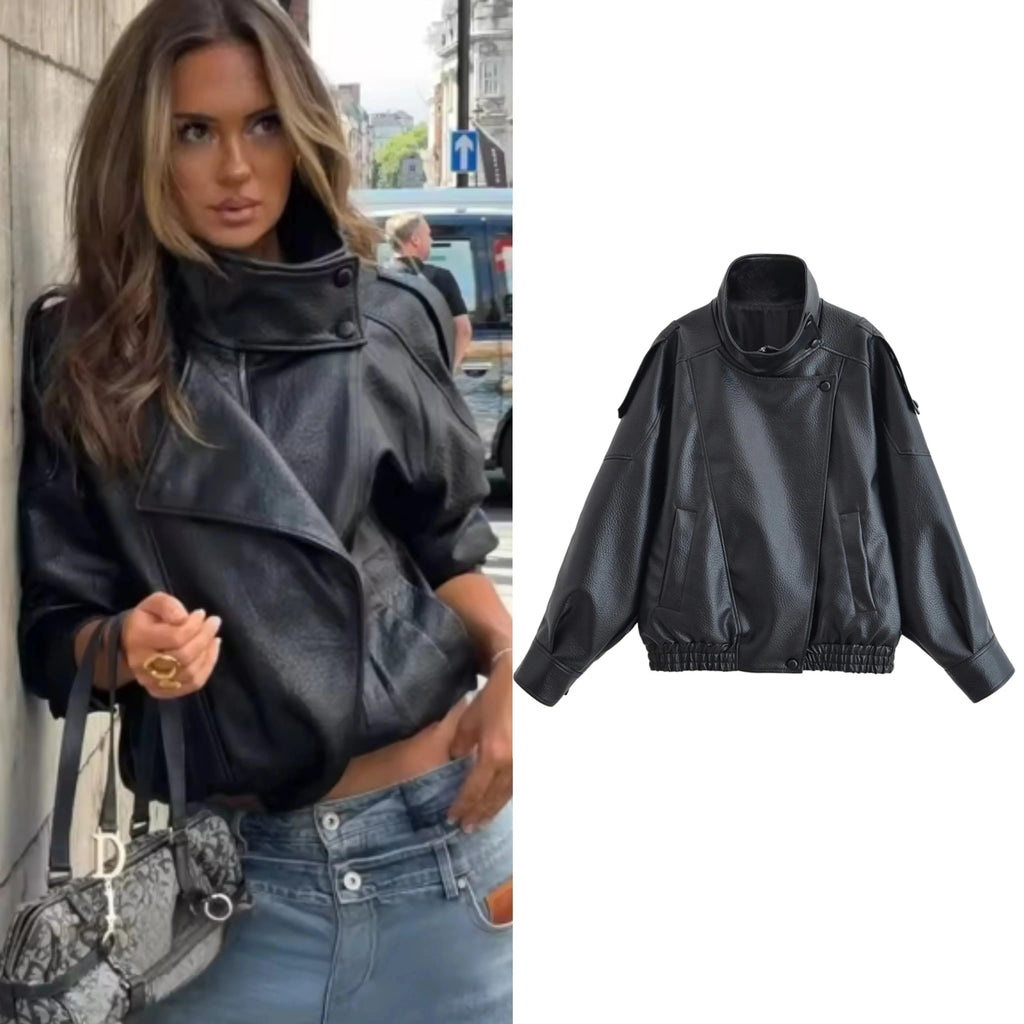 Black Faux Leather Jacket with Long Sleeves in Pebble Finish - Wear Spot