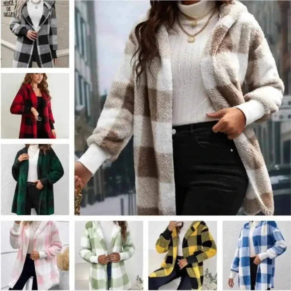 Plaid Fleece Cardigan V-Neck Hooded Long Sleeve Coat for Women - Cozy Style and Comfort - Wear Spot