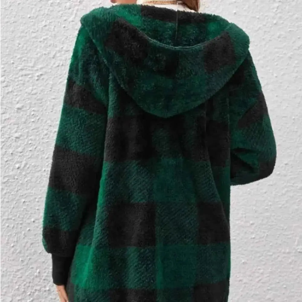 Plaid Fleece Cardigan V-Neck Hooded Long Sleeve Coat for Women - Cozy Style and Comfort - Wear Spot