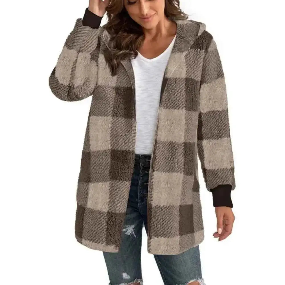 Plaid Fleece Cardigan V-Neck Hooded Long Sleeve Coat for Women - Cozy Style and Comfort - Wear Spot