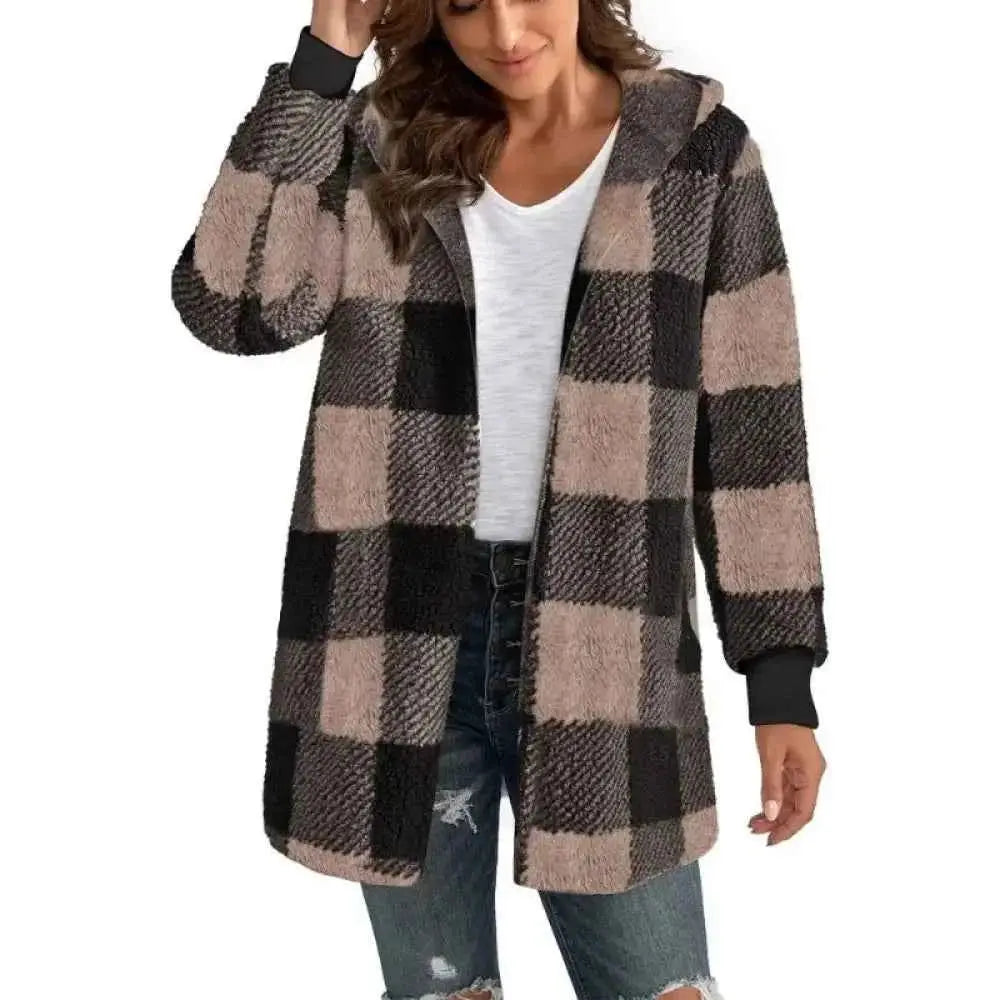 Plaid Fleece Cardigan V-Neck Hooded Long Sleeve Coat for Women - Cozy Style and Comfort - Wear Spot