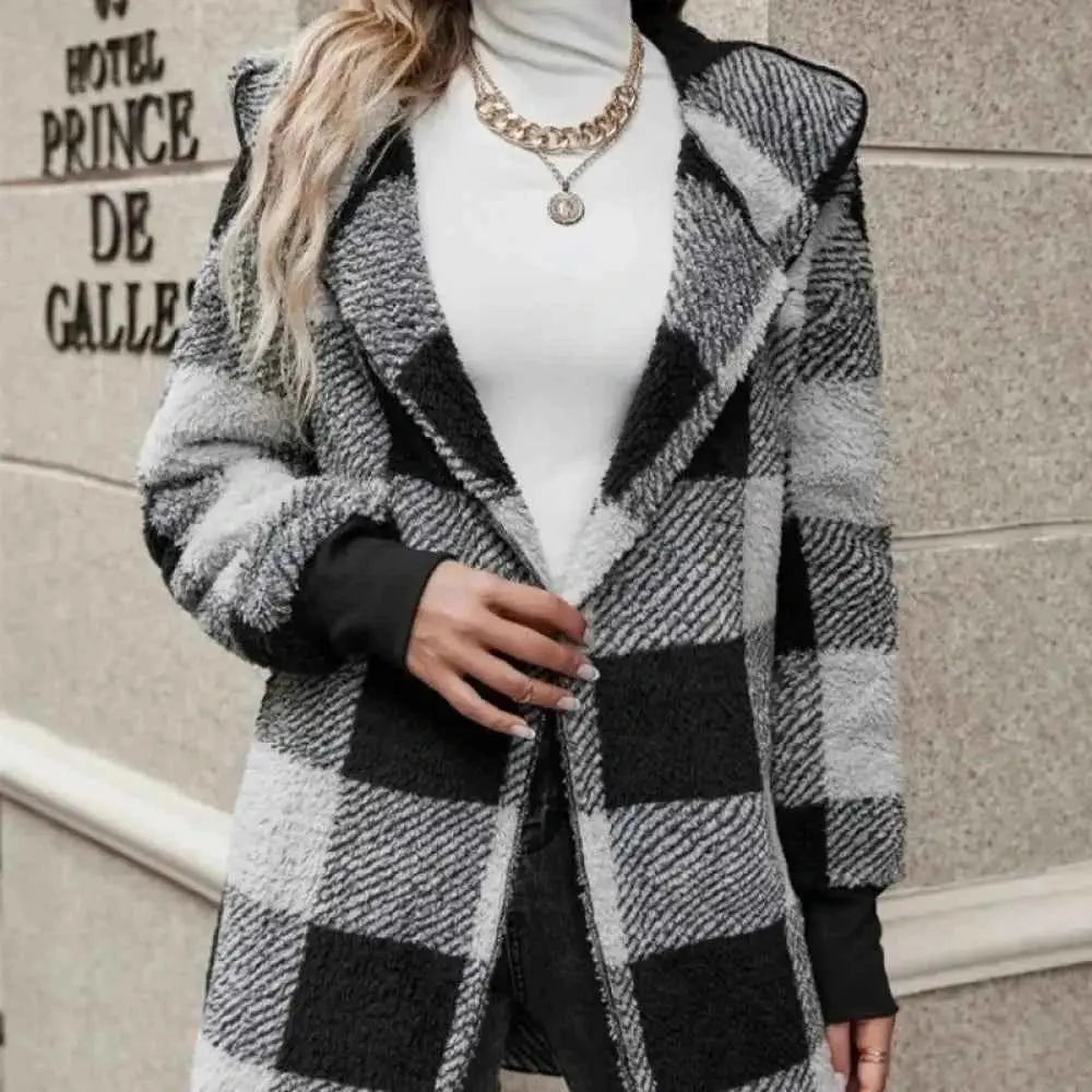 Plaid Fleece Cardigan V-Neck Hooded Long Sleeve Coat for Women - Cozy Style and Comfort - Wear Spot