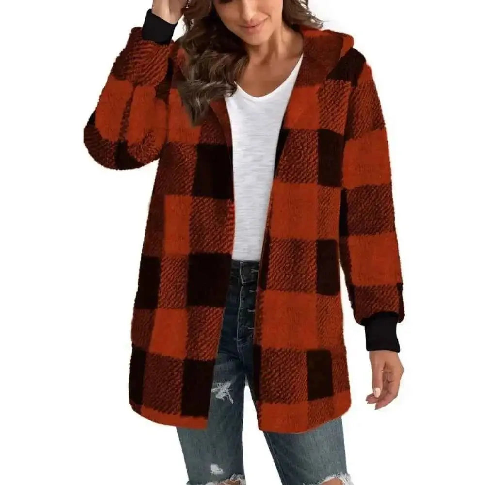Plaid Fleece Cardigan V-Neck Hooded Long Sleeve Coat for Women - Cozy Style and Comfort - Wear Spot