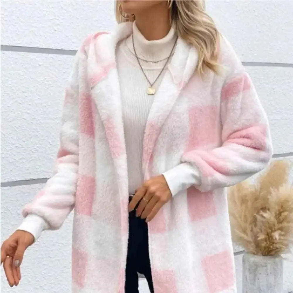 Plaid Fleece Cardigan V-Neck Hooded Long Sleeve Coat for Women - Cozy Style and Comfort - Wear Spot