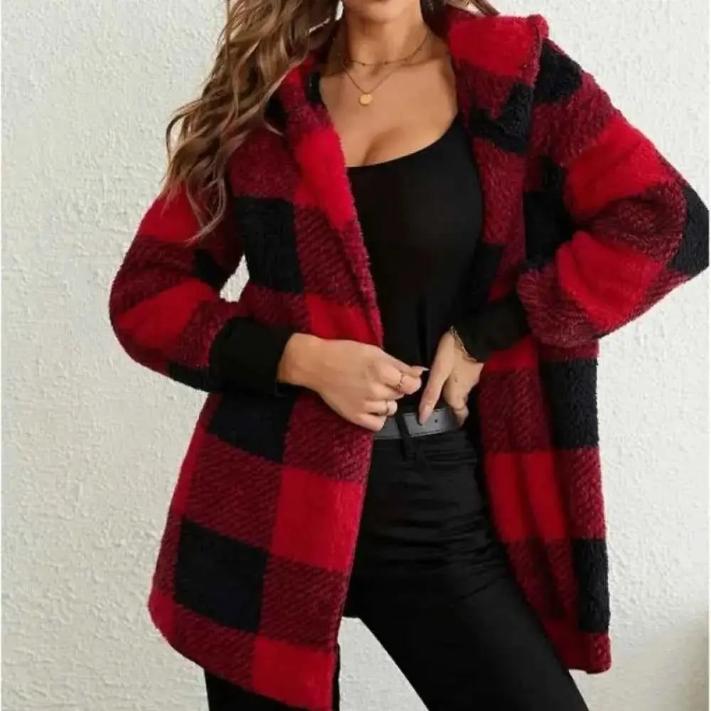 Plaid Fleece Cardigan V-Neck Hooded Long Sleeve Coat for Women - Cozy Style and Comfort - Wear Spot