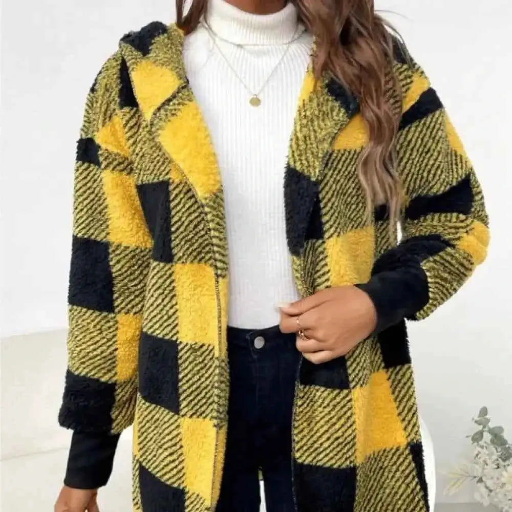 Plaid Fleece Cardigan V-Neck Hooded Long Sleeve Coat for Women - Cozy Style and Comfort - Wear Spot