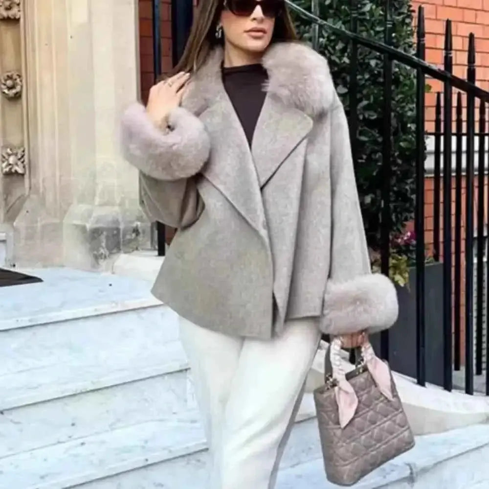 Fur-Collar Coat Fashion with Quilted Taupe Handbag and Pink Ribbon Handle - Wear Spot