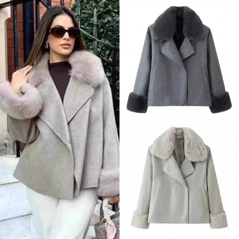 Fur-Collar Coat Fashion with Quilted Taupe Handbag and Pink Ribbon Handle - Wear Spot