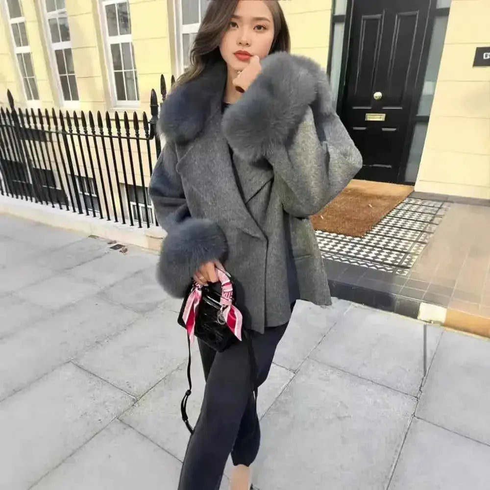 Fur-Collar Coat Fashion with Quilted Taupe Handbag and Pink Ribbon Handle - Wear Spot