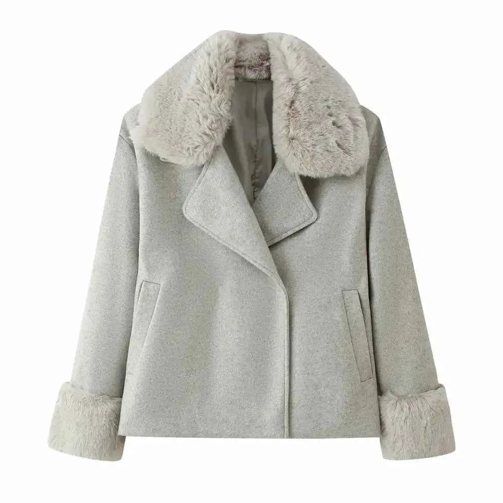 Fur-Collar Coat Fashion with Quilted Taupe Handbag and Pink Ribbon Handle - Wear Spot