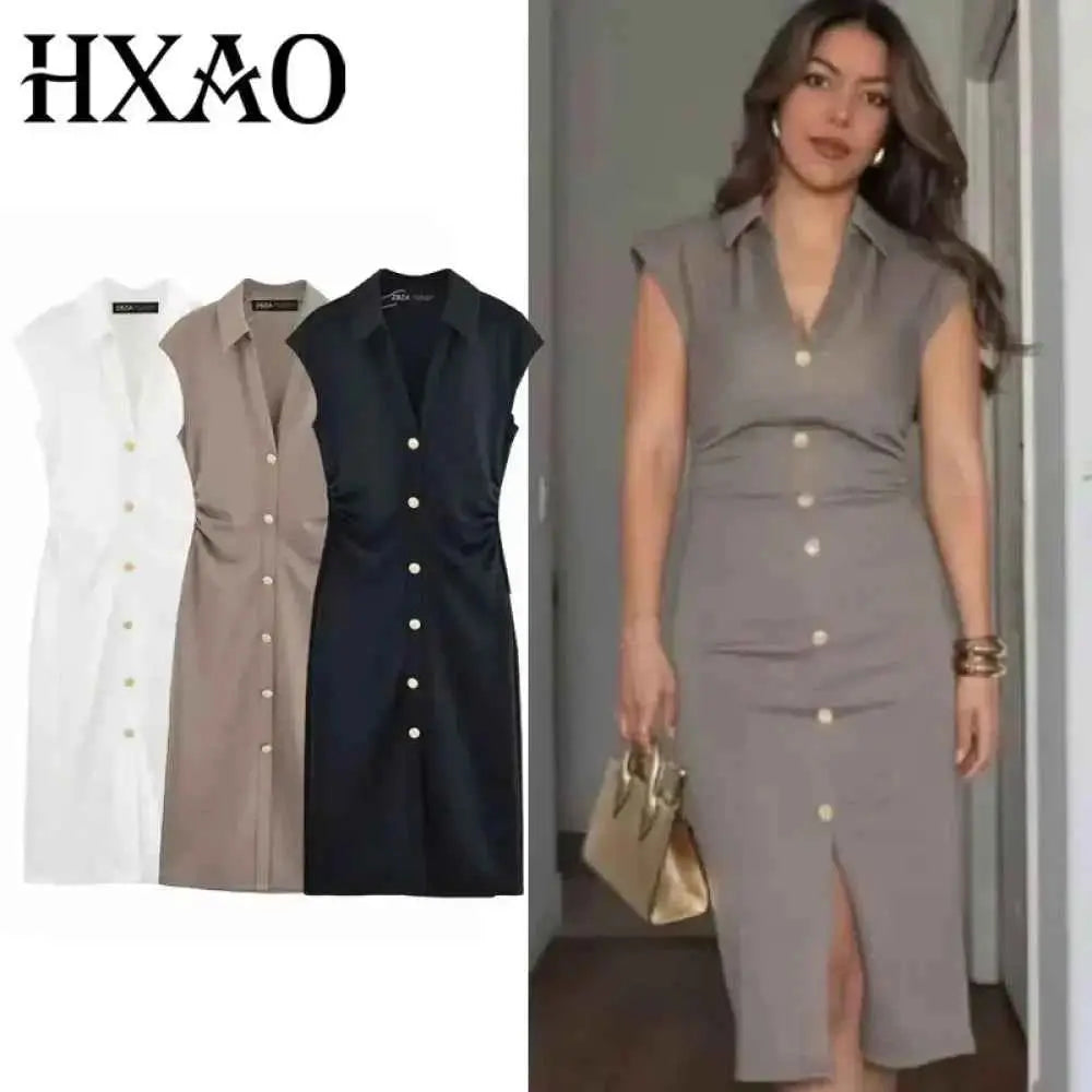 HXAO Ruched Gray Summer Dress - Elegant Sleeveless Bodycon for Women - Wear Spot