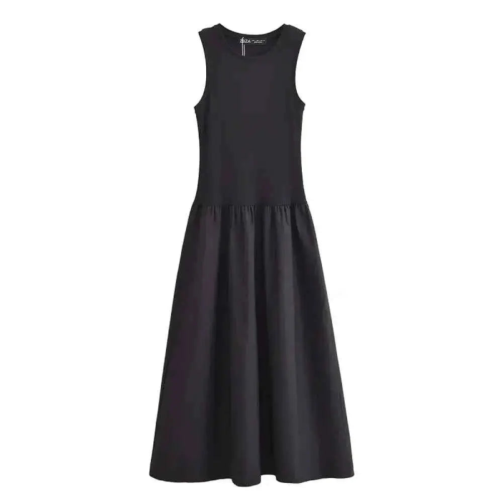 Women's Black Elegant Midi Dress for Spring - Long Sleeveless Elegance - Wear Spot