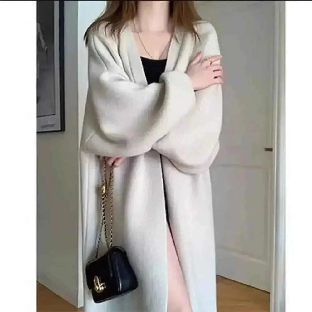 Longline Cashmere Cardigan - Knitted Sweater with Open Stitch Closure - Wear Spot