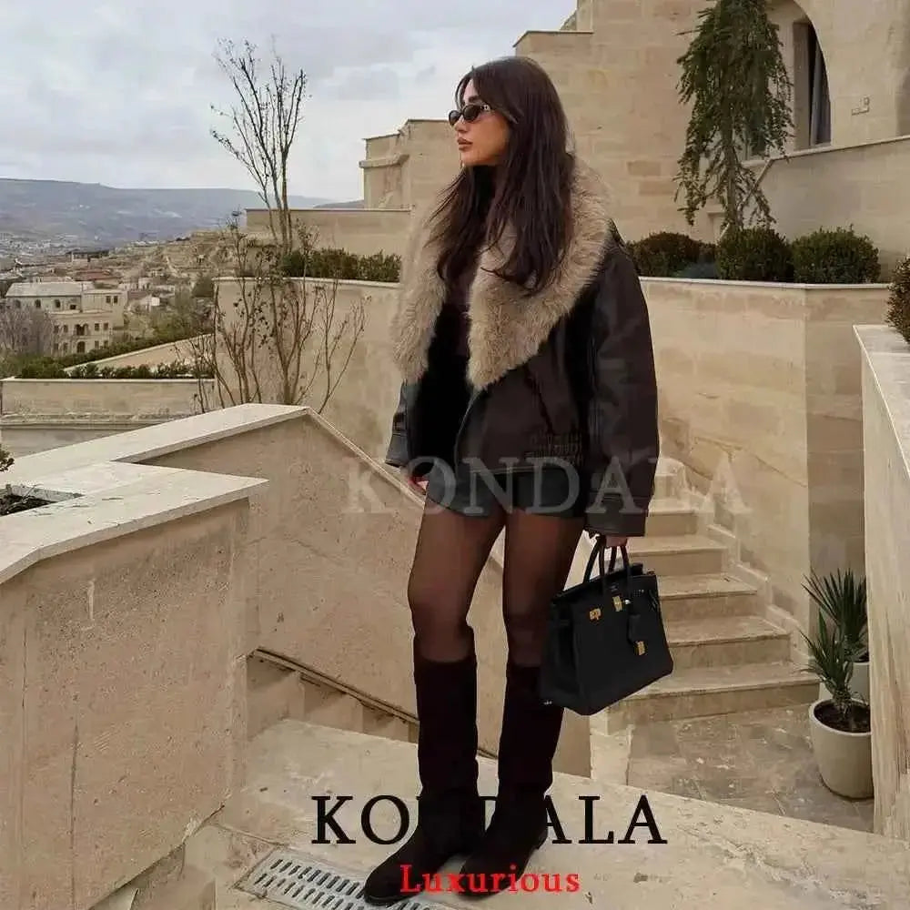 Kondala Streetwear Leather Jacket with Fur Collar and Turn-Down Craft - Wear Spot