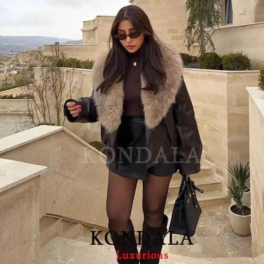 Kondala Streetwear Leather Jacket with Fur Collar and Turn-Down Craft - Wear Spot