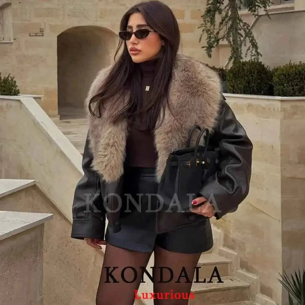 Kondala Streetwear Leather Jacket with Fur Collar and Turn-Down Craft - Wear Spot
