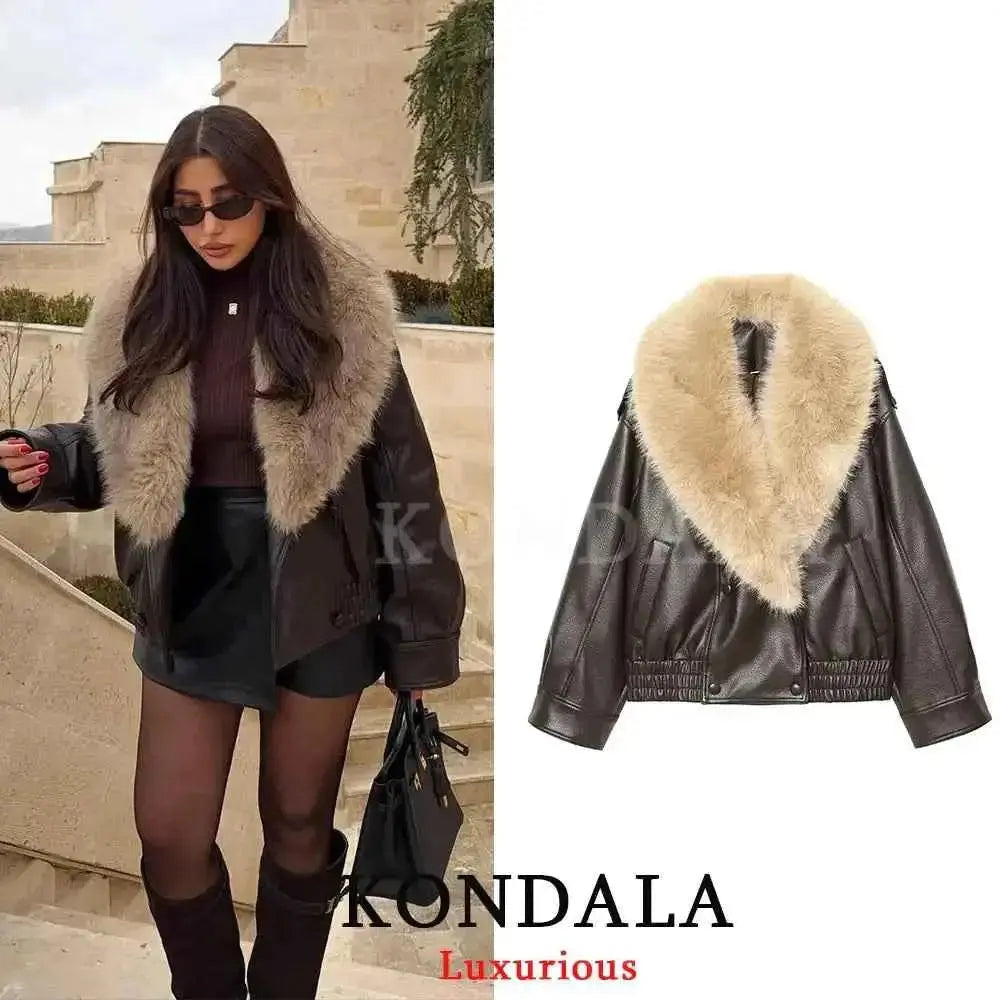 Kondala Streetwear Leather Jacket with Fur Collar and Turn-Down Craft - Wear Spot