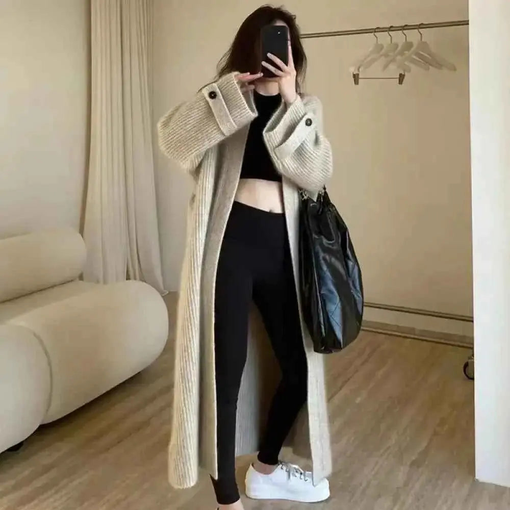 Cream Ribbed Knitted Cardigan Coat with Long Sleeves and Open Stitch Design - Wear Spot