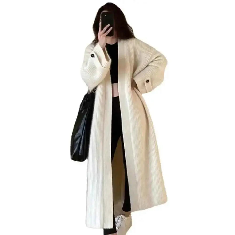 Cream Ribbed Knitted Cardigan Coat with Long Sleeves and Open Stitch Design - Wear Spot