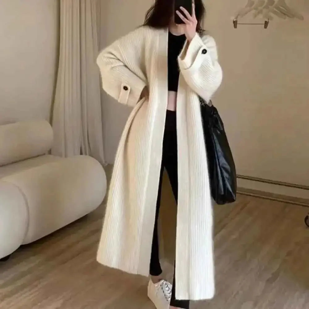 Cream Ribbed Knitted Cardigan Coat with Long Sleeves and Open Stitch Design - Wear Spot