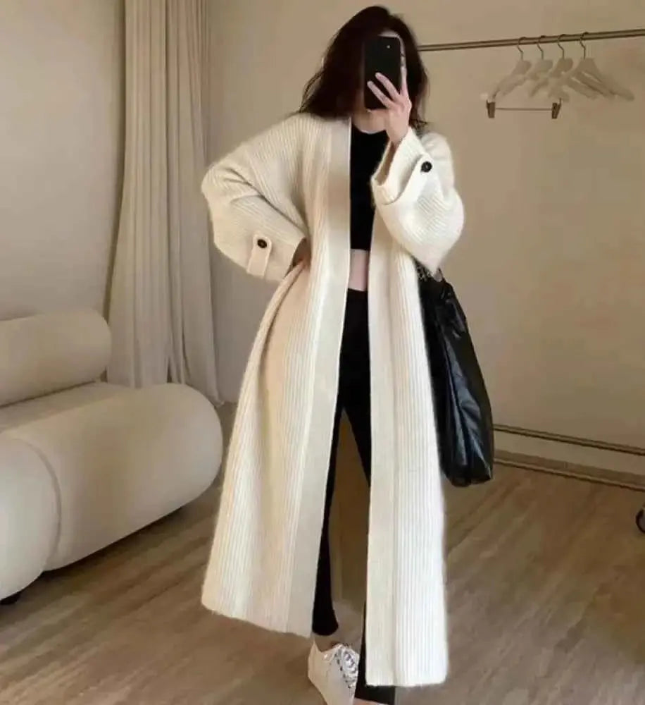 Cream Ribbed Knitted Cardigan Coat with Long Sleeves and Open Stitch Design - Wear Spot