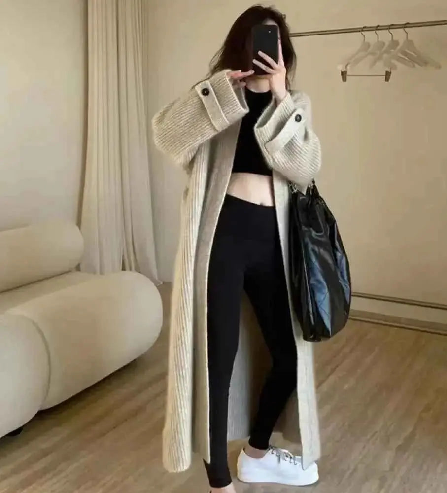 Cream Ribbed Knitted Cardigan Coat with Long Sleeves and Open Stitch Design - Wear Spot