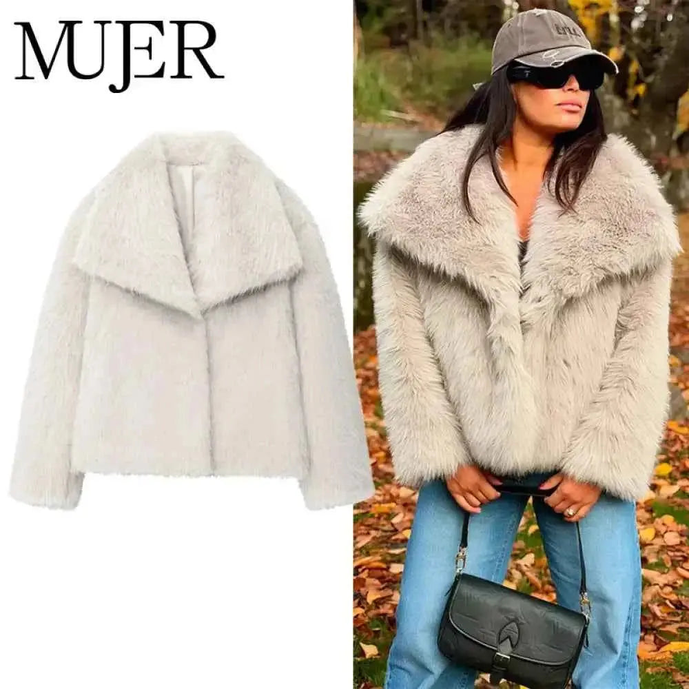 Light Gray Faux Fur Coat for Women - Autumn Winter Jacket with Covered Buttons - Wear Spot
