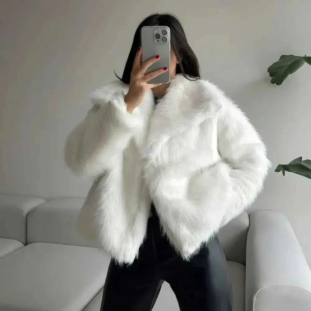 Light Gray Faux Fur Coat for Women - Autumn Winter Jacket with Covered Buttons - Wear Spot