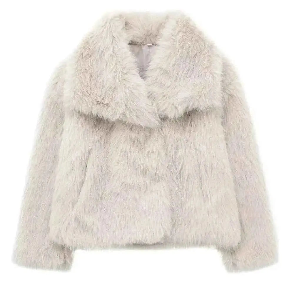 Light Gray Faux Fur Coat for Women - Autumn Winter Jacket with Covered Buttons - Wear Spot