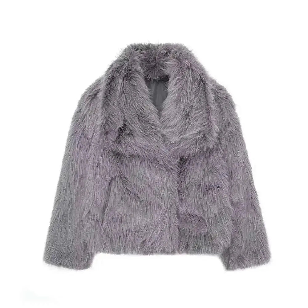 Light Gray Faux Fur Coat for Women - Autumn Winter Jacket with Covered Buttons - Wear Spot