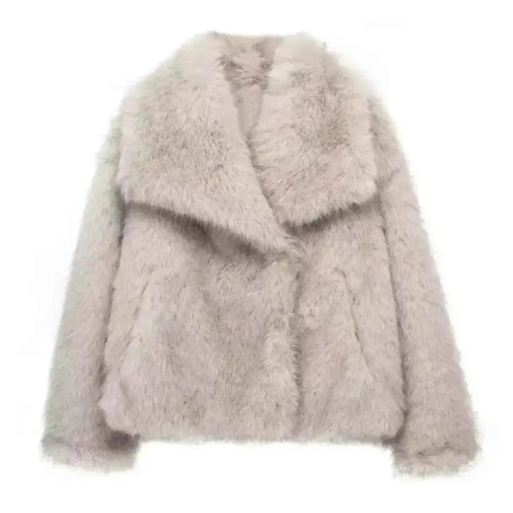 Light Gray Faux Fur Coat for Women - Autumn Winter Jacket with Covered Buttons - Wear Spot