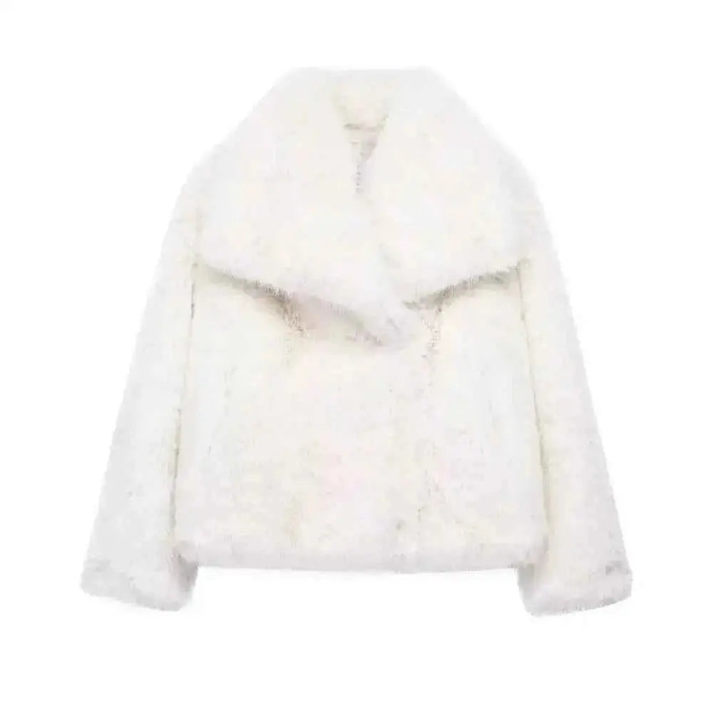 Light Gray Faux Fur Coat for Women - Autumn Winter Jacket with Covered Buttons - Wear Spot