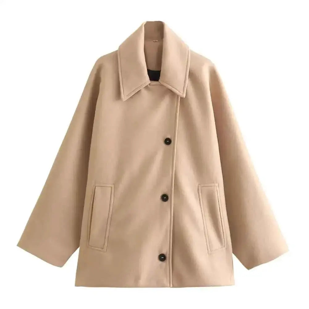 Beige Oversized Long Jacket with Turn-Down Collar for Women - Wear Spot