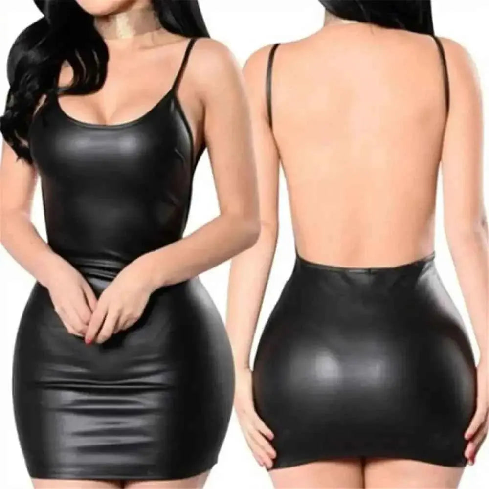 Faux Leather Backless Black Mini Dress with Spaghetti Straps - Bodycon Style Black Backless Faux Leather Mini Dress - Wear Spot