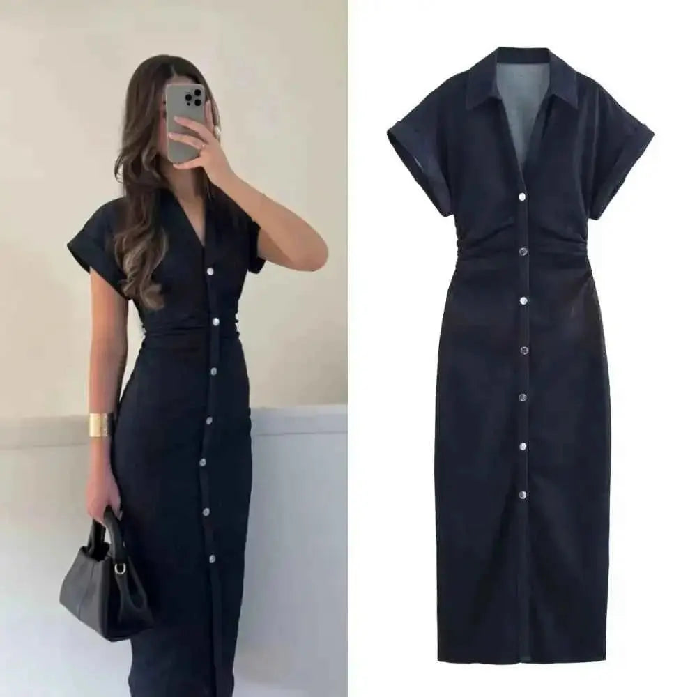 Spring New 1975 Series Denim Midi Dress for Women - Wear Spot