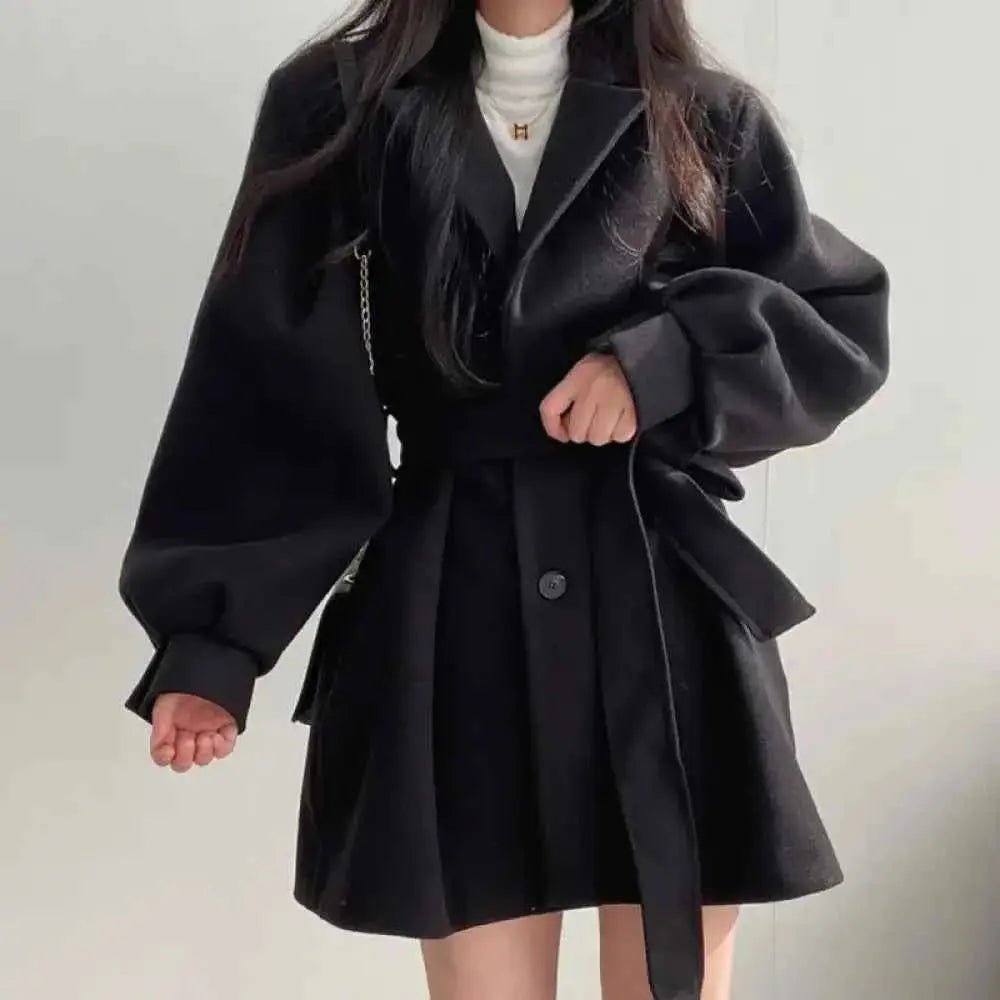 Cream Wool Coat Jacket with Belt and Voluminous Sleeves - Single Breasted Style - Wear Spot