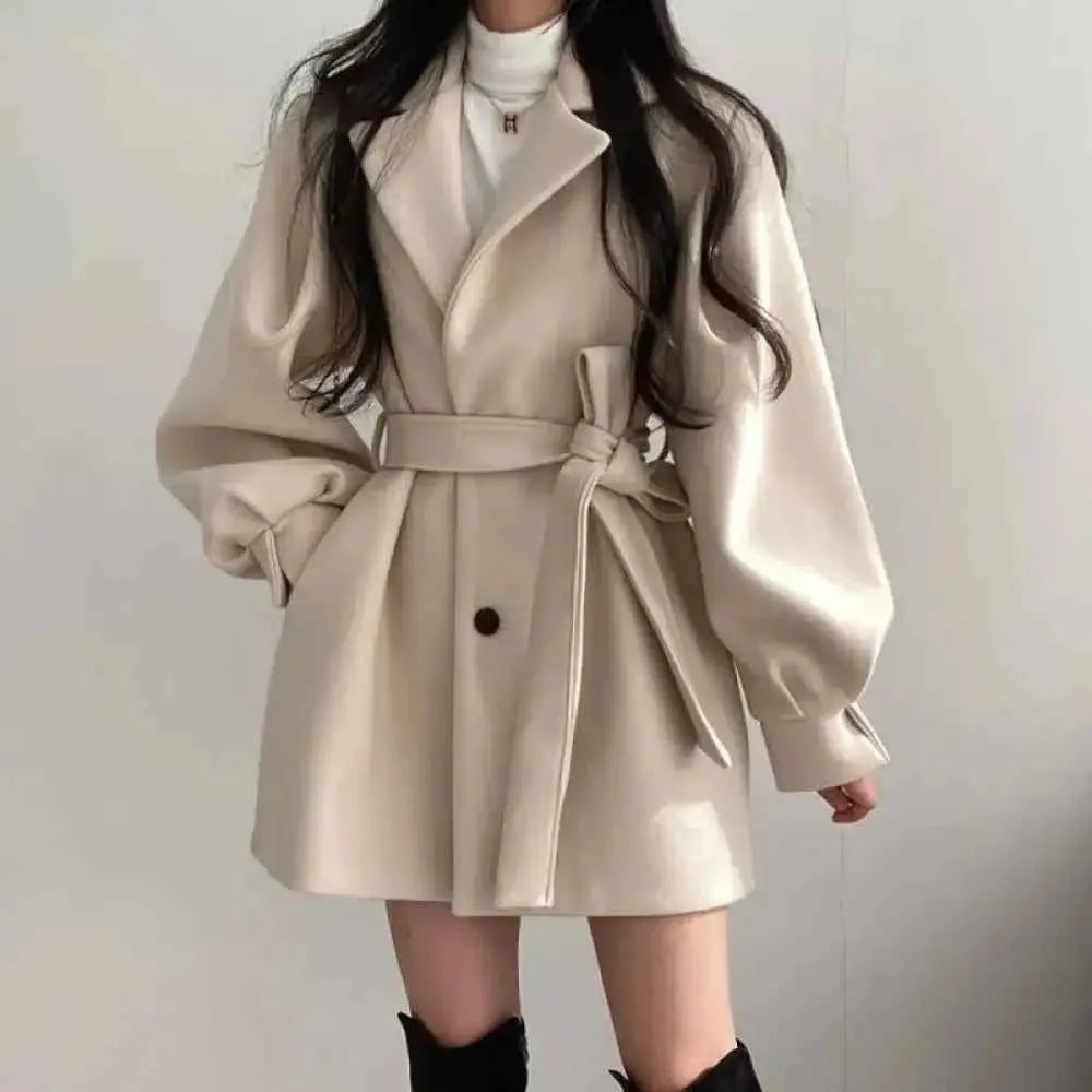 Cream Wool Coat Jacket with Belt and Voluminous Sleeves - Single Breasted Style - Wear Spot