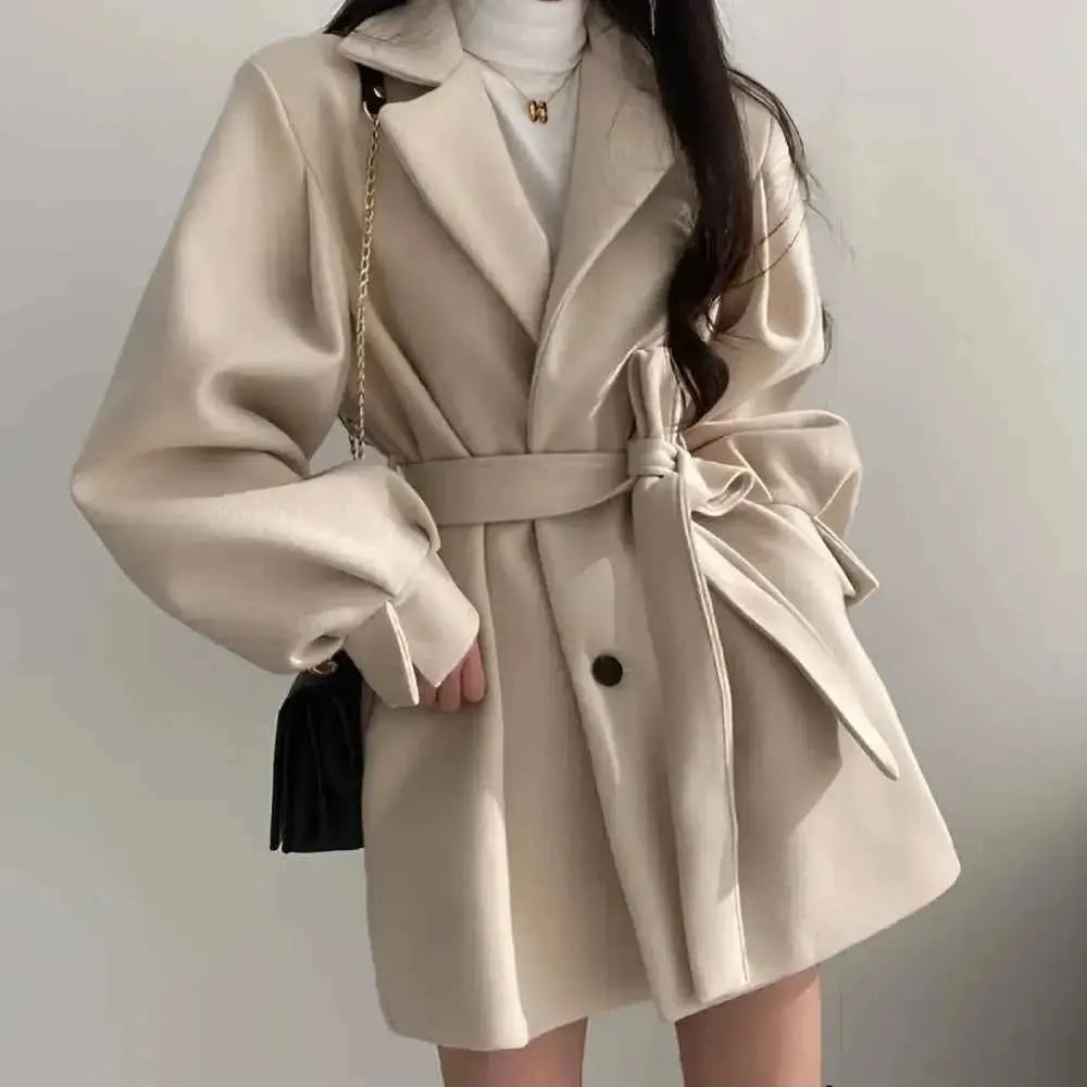 Cream Wool Coat Jacket with Belt and Voluminous Sleeves - Single Breasted Style - Wear Spot